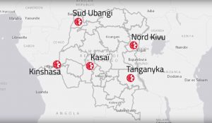 Carte des interventions de Première Urgence Internationale en RDC