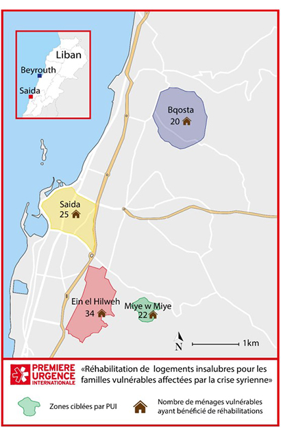 Carte des activités de Réhabilitation de logements insalubres au Liban par Première Urgence Internationale